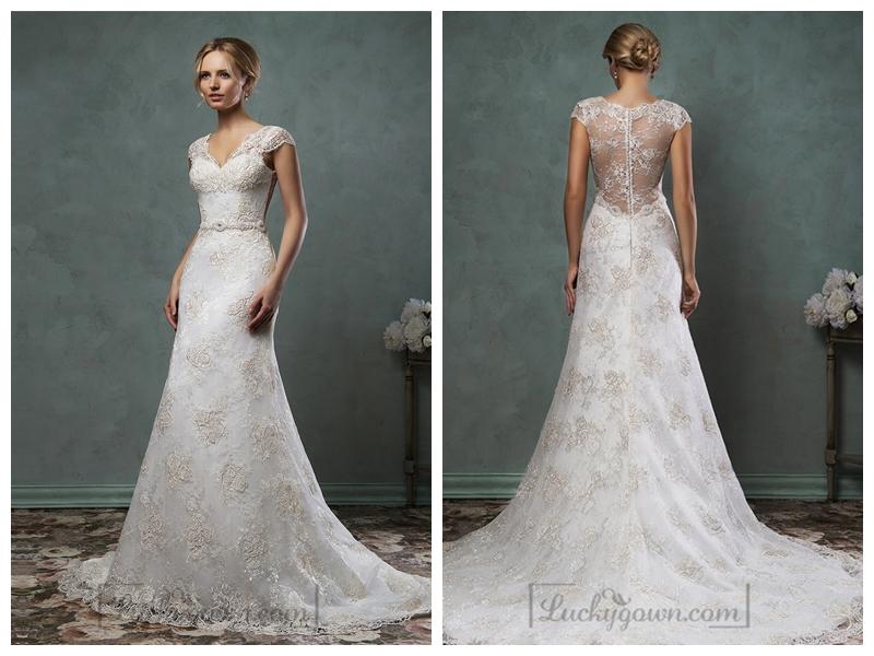 زفاف - Cap Sleelves V Neckline Lace Embroidery A-line Wedding Dress