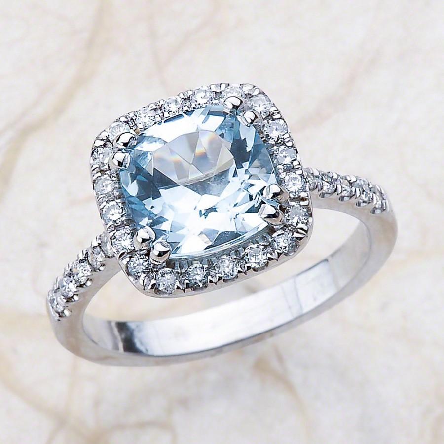 Wedding - Aquamarine Engagement Ring in 14k White Gold 8x8mm Natural Cushion Aquamarine Engagement Ring