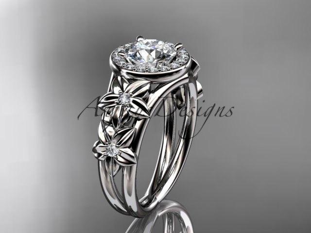 Wedding - 14kt white gold diamond floral wedding ring, engagement ring with a "Forever One" Moissanite center stone ADLR131