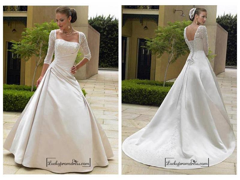 Mariage - Beautiful Exquisite Gorgeous Satin Illusion 3 / 4-length Sleeves Wedding Dress In Great Handwork