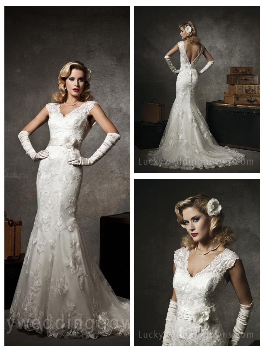 Mariage - Floral Ivory Lace Cap Sleeve V-neck Mermaid Wedding Dress