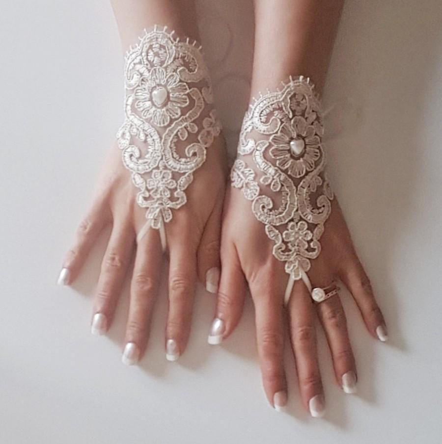 Hochzeit - Champagne Bridal glove lace wrist cuff lace gloves wedding prom party rustic  wedding wonderland