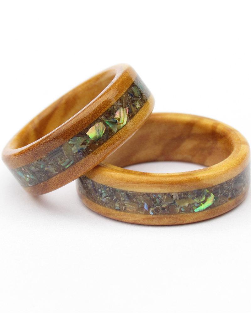 زفاف - Wooden Rings from Olive Wood and Abalone