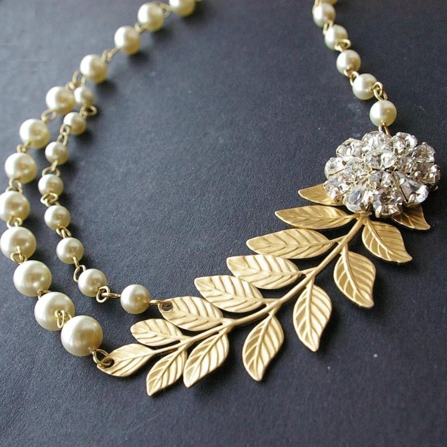 زفاف - Gold Bridal Necklace, Gold Leaves Wedding Necklace, Vintage Bridal Jewelry, Cream Pearl Wedding Jewelry, Gold Pearl Bridal Necklace, ELIZA