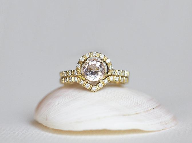 زفاف - Round Morganite Engagement Set, Morganite Diamond Ring, Diamond Morganite Ring, Wedding Ring Set, Crown Morganite Ring, 14k solid gold