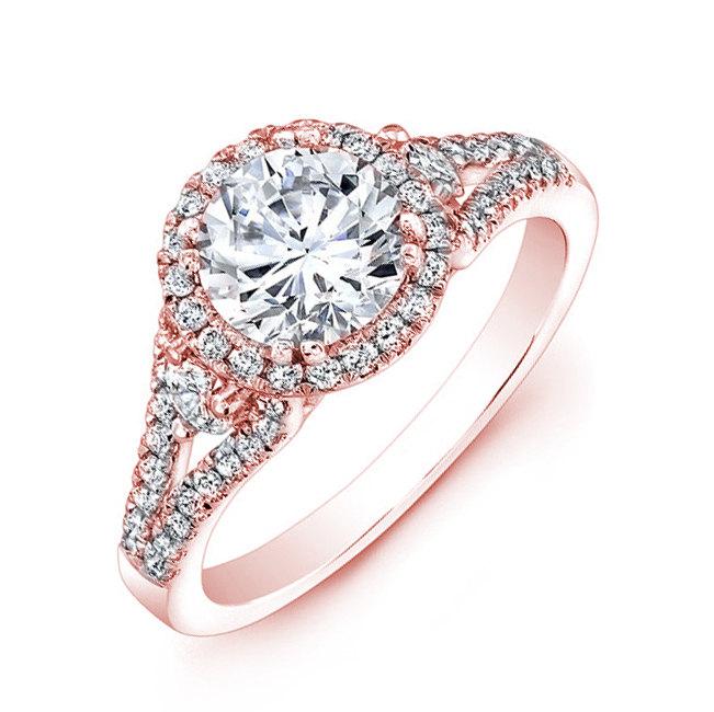 Hochzeit - Round Diamond Solid Rose Gold Engagement Ring Pave Set - Diamond Engagement Ring -  0.95 ctw, Center Stone 0.50ctw Round Diamond