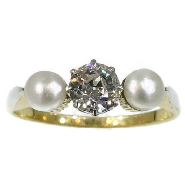 Wedding - Three stone engagement ring diamond pearl yellow gold vintage ring circa 1910 for sale