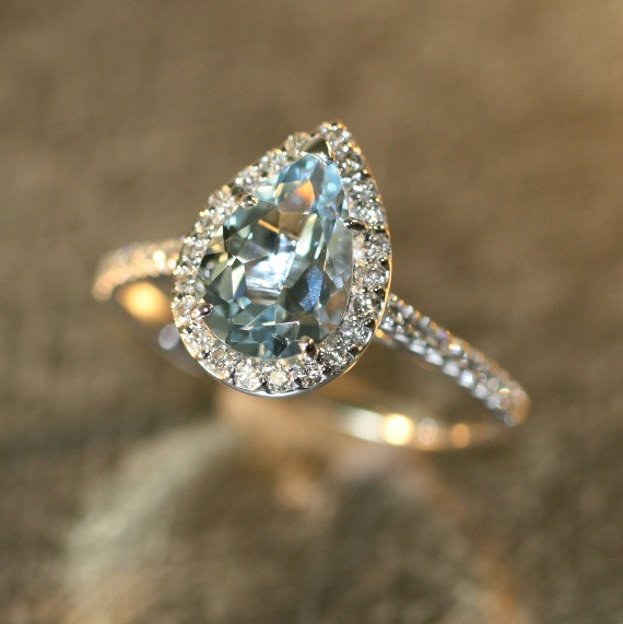 زفاف - Halo Diamond and Aquamarine Engagement Ring in 14k White Gold 10x7mm Pear Aquamarine Ring Petite Diamond Wedding Band (Bridal Set Available)