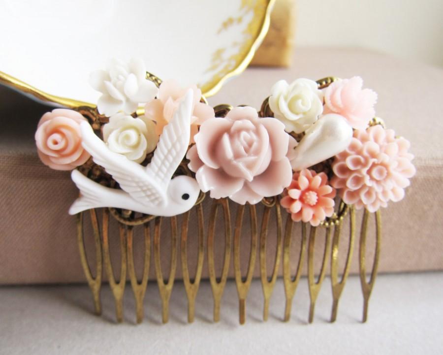 Wedding - Pastel Pink Wedding Hair Comb Peach Blush Tea Rose Romantic Soft Bridesmaid Gift Bridal Head Piece Flower Floral Bird White Pale Dreamy