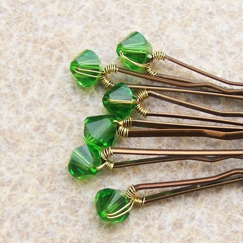 Свадьба - Fern Green Hair Pins Swarovski Crystal (wedding bobby pins - set of 6)