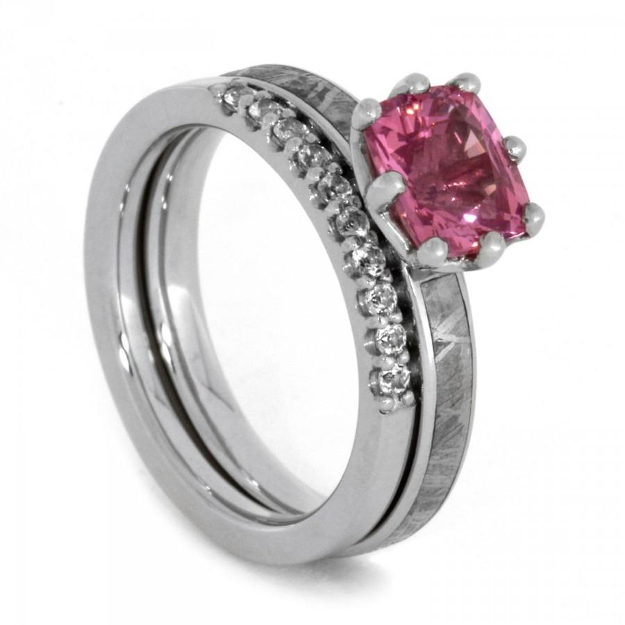 Wedding - Bridal Set with Pink Gemstone, Meteorite Engagement Ring and Swarovski Crystal Wedding Band in Palladium