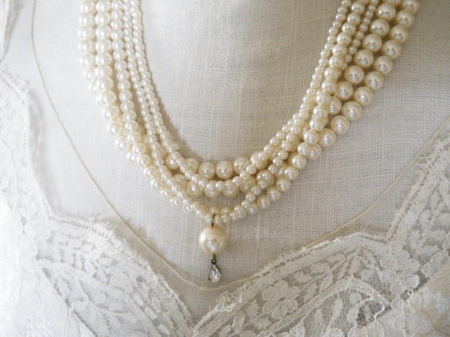 زفاف - Vintage Style Bridal Necklace Pearl Wedding Necklace Chunky Long Pearl Necklace Romantic Style Bridal Jewelry Pearl Wedding Jewelry Ivory