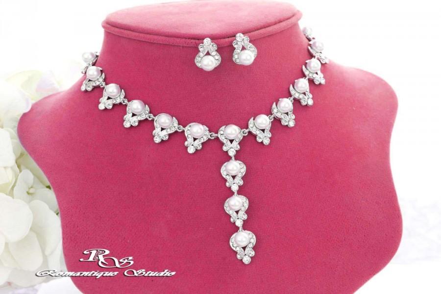 زفاف - White pearl wedding necklace and earrings pearl wedding jewelry set pearl rhinestone necklace pearl bridal jewelry pearl necklace set  S0115