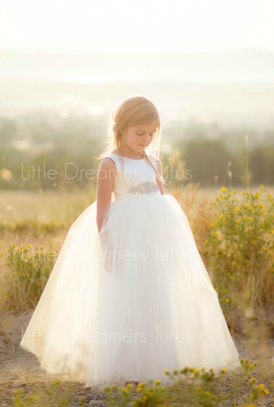 Hochzeit - NEW! The Juliet Dress in Ivory with Rhinestone Sash - Flower Girl Tutu Dress