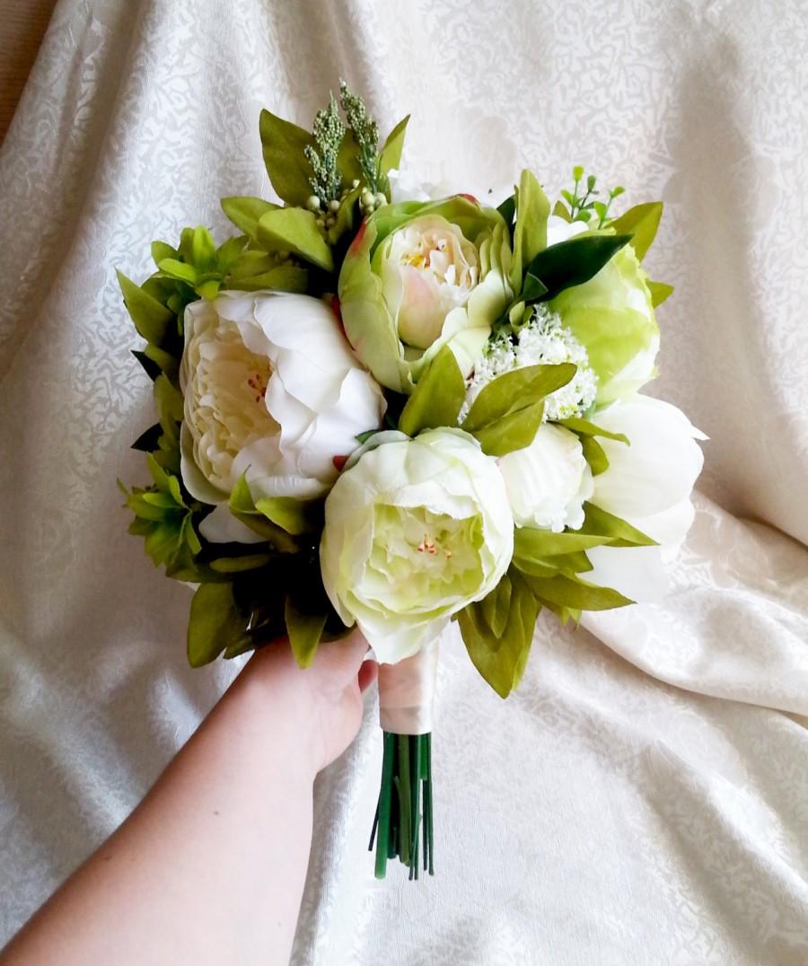 زفاف - Best quality green and creme silk flowers peonies wedding BIG bouquet satin Handle, greenery natural