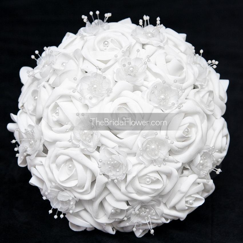 Hochzeit - All white bridal bouquet, medium size with realistic soft touch roses for traditional white wedding plus pearls
