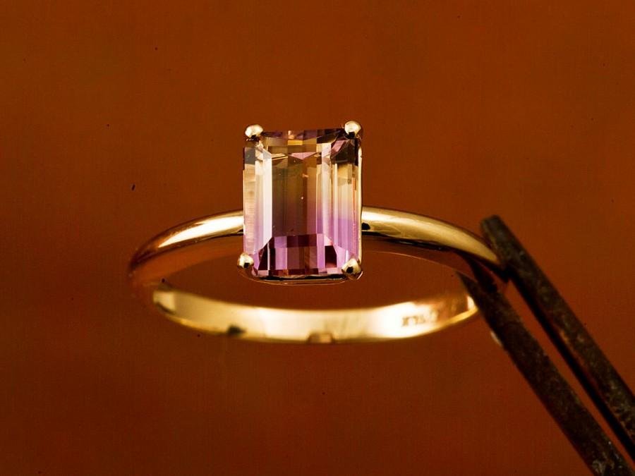 زفاف - 14kt Yellow Gold Emerald Cut Ametrine Unique Engagement Ring, February Birthstone, November Birthstone