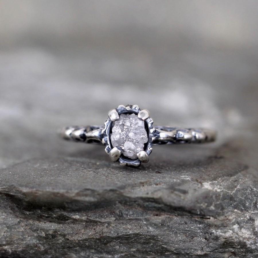 Свадьба - Raw Diamond Ring - Sterling Silver Filigree Ring - Dark Patina - Antique Styled Engagement Ring - Rustic Gemstone Ring - April Birthstone
