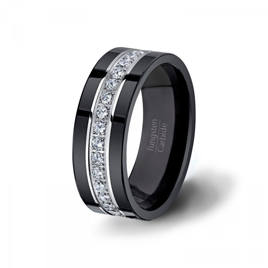 زفاف - Mens Wedding Band Black Fully Stacked Tungsten Ring 8mm HIGH QUALITY Polished Surface Flat Edge Comfort Fit