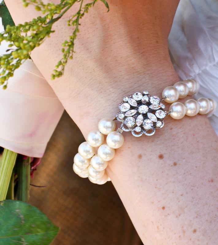 Hochzeit - Pearl Rhinestone Bracelet,Bridal Bracelet,Rhinestone Bridal Bracelet,Swarovski Pearls,Statement Bridal Bracelet, Bridal Cuff,Pearl,ALEXANDRA