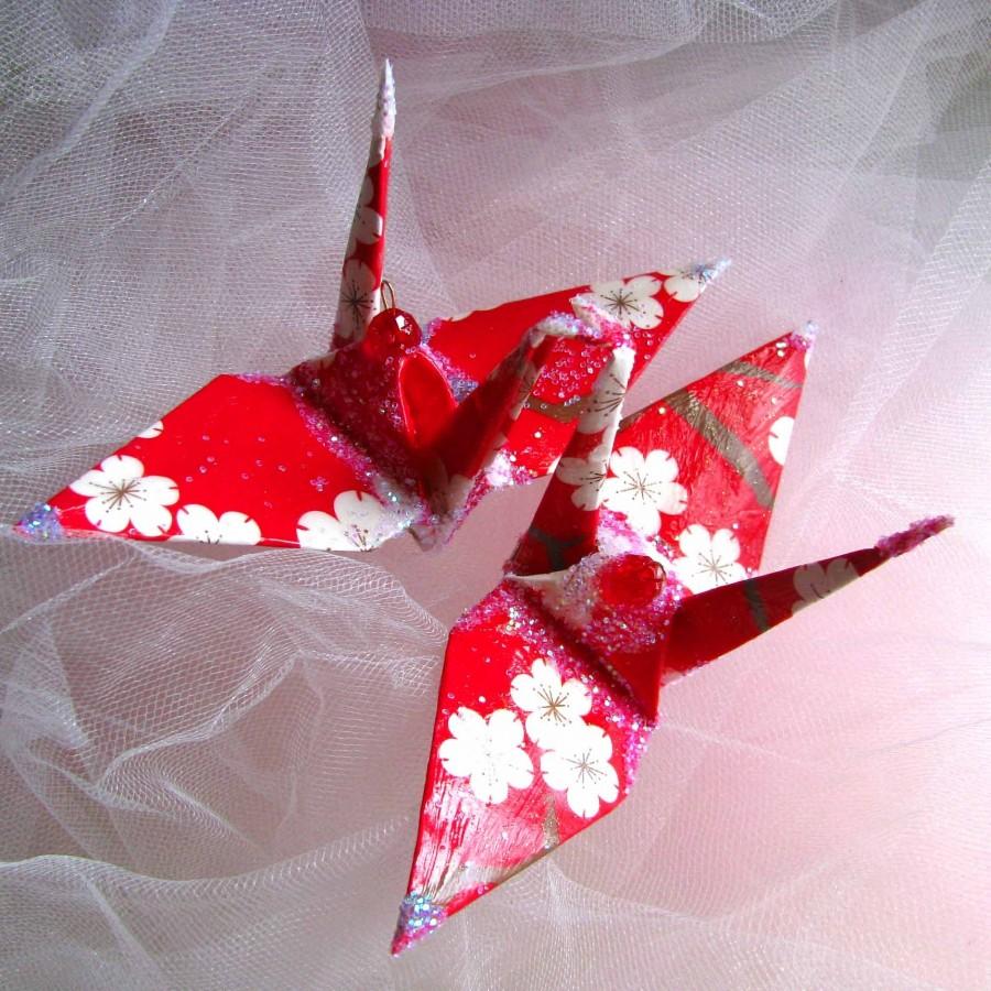 Wedding - Peace Crane Bird, Wedding Cake Topper, Party Favor Origami Christmas Ornament  Paper 1st Anniversary Cherry Blossom Sakura Red Decoration