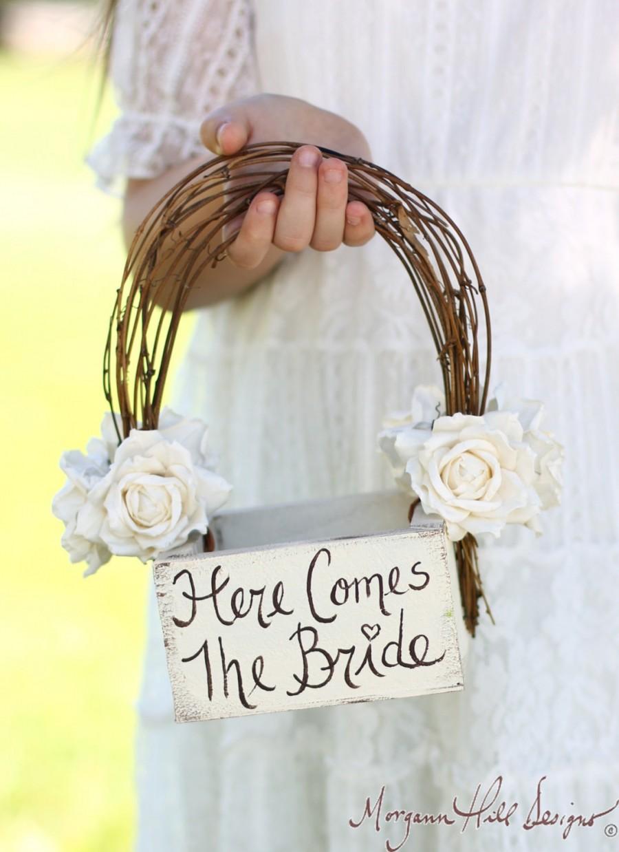 Hochzeit - Here Comes The Bride Flower Girl Basket Rustic Country Wedding (Item Number MHD20231)