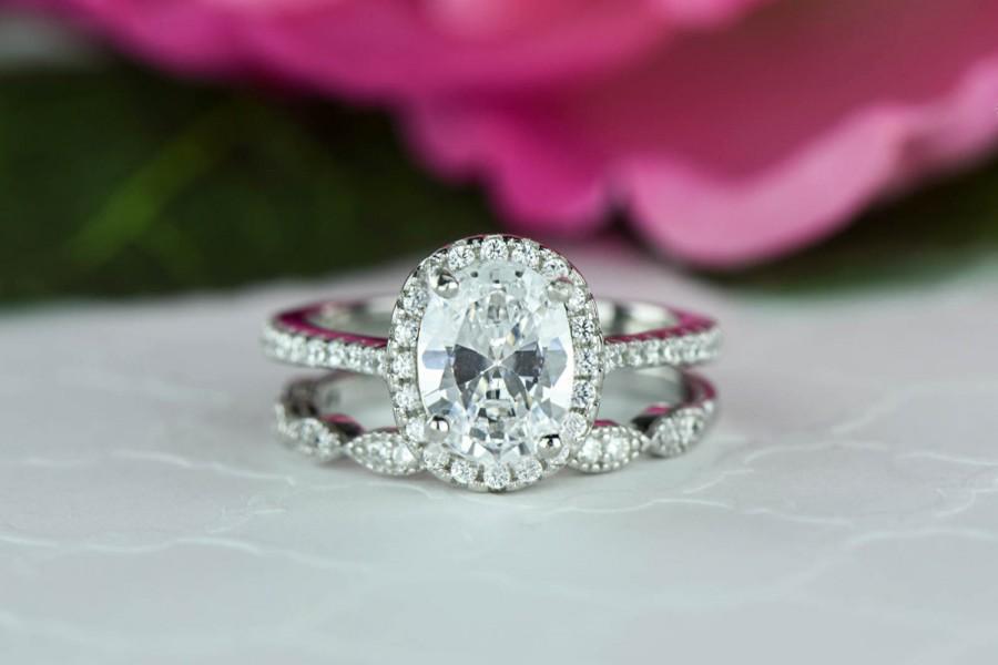 Wedding - 1.5 ctw Oval Halo Bridal Set, Art Deco Wedding Ring, Man Made Diamond Simulants, Half Eternity Ring, Halo Engagement Ring, Sterling Silver