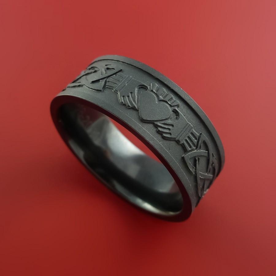 زفاف - Black Zirconium Celtic Irish Claddagh Ring Hands Clasping Heart Band Carved Any Size Ring 4 to 20
