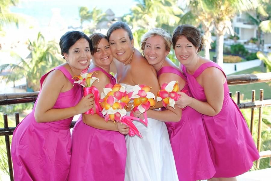 Hochzeit - 17 Piece Hot Pink Orange White Real Touch Calla Lily Wedding Bouquet Set with Boutonnieres & Corsages, Orange Hot Pink Bouquet Beach Wed