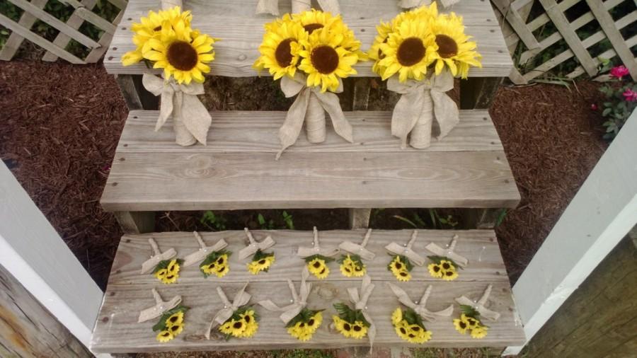 Свадьба - Sunflower Bouquet 10 piece Wedding Flower Set, Bridal Bouquet Sunflower Wedding Bouquet, Rustic Wedding, Rustic Bouquet Sunflower Bridesmaid