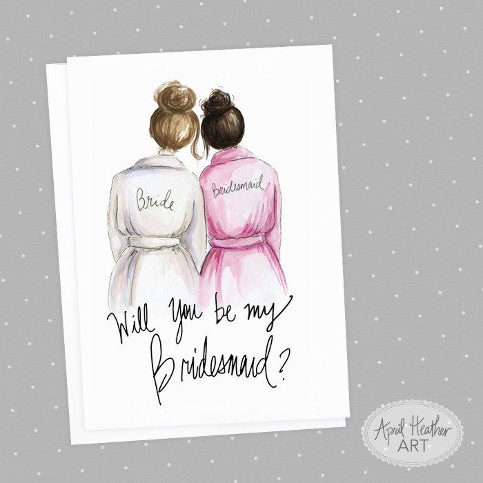 Wedding - Bridesmaid PDF Brunette Bride and Dark Brunette Bridesmaid, Will You Be My bridesmaid card PDF printable card