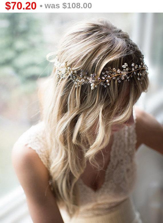 Wedding - SALE ENDS JAN31 Gold Boho Forehead hair Halo, Bridal Flower Hair Crown, Hair Vine, Hair Wreath, Wedding Pearl Hair Vine, Boho Wedding Hea...