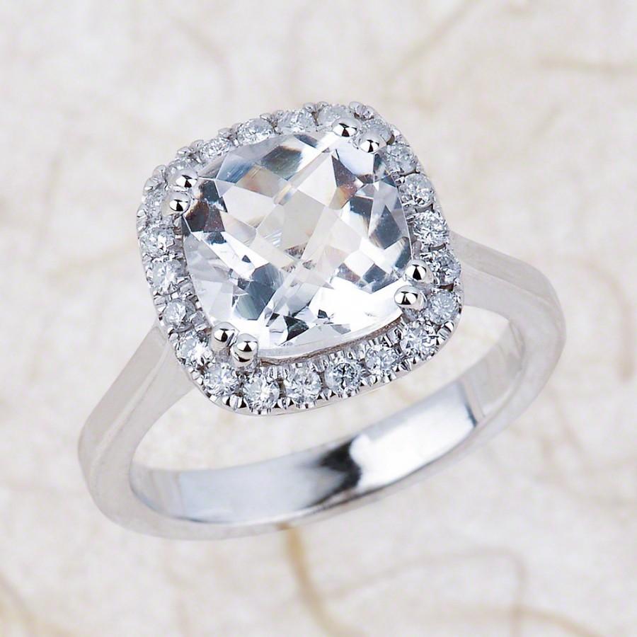زفاف - White Topaz Engagement Ring in 14k White Gold 8x8mm Cushion White Topaz Engagement Ring