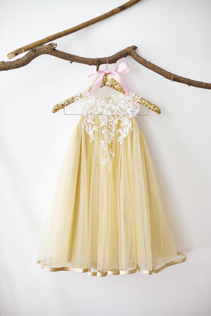 Wedding - Ivory Lace Champagne Tulle Flower Girl Dress