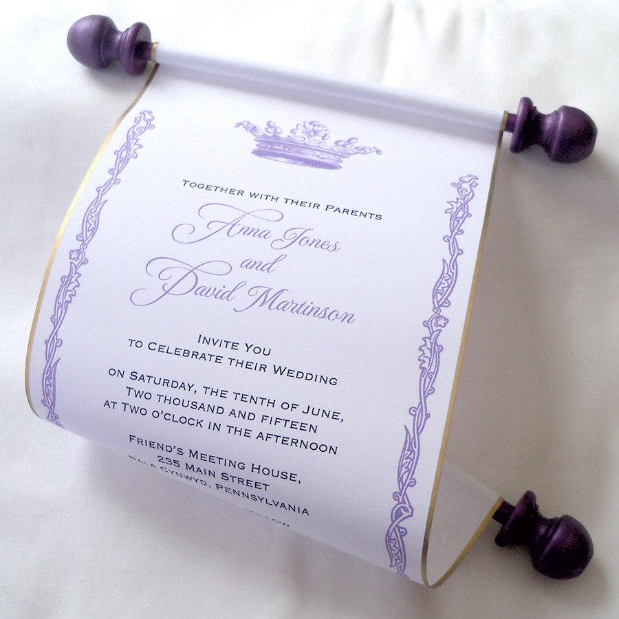 Purple and gold scroll wedding invitations