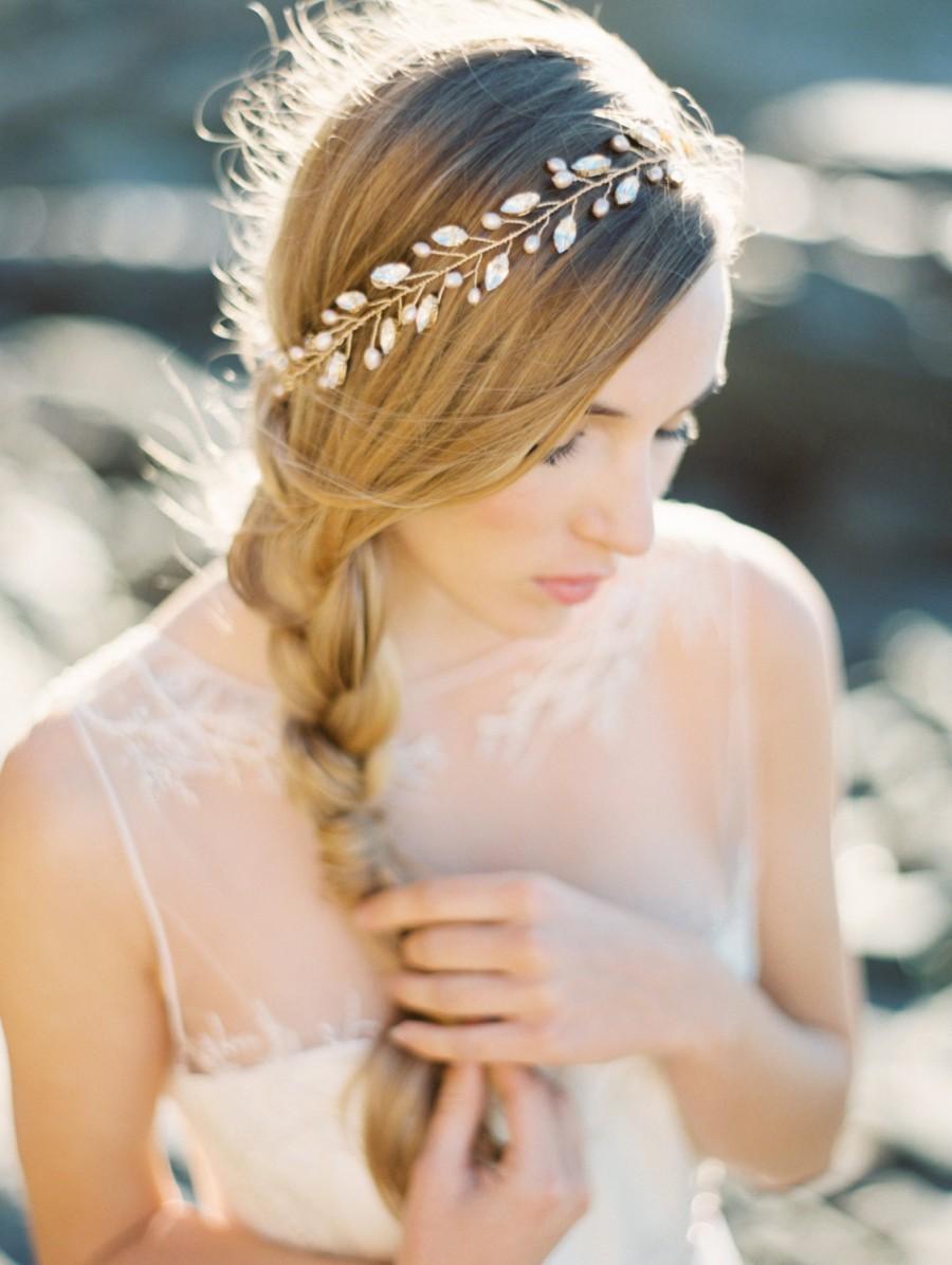 زفاف - Bridal Crown, Gold Marquee Rhinestone and Blush Pearl Crown, Bridal Halo - Style 3515