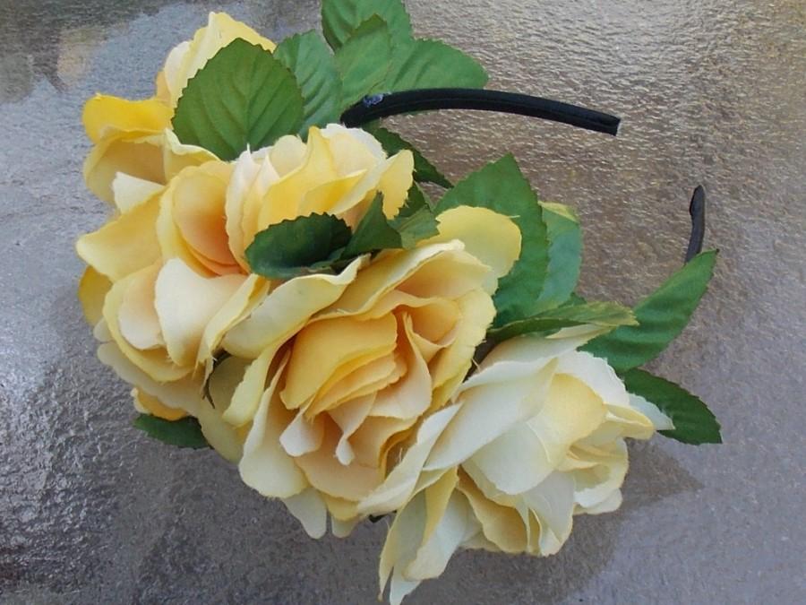 زفاف - Yellow Rose Flower Crown with Green Leaves, Yellow Rose Floral Headpiece, Flower girl Crown, Bridal Halo, Leafy Garland H02