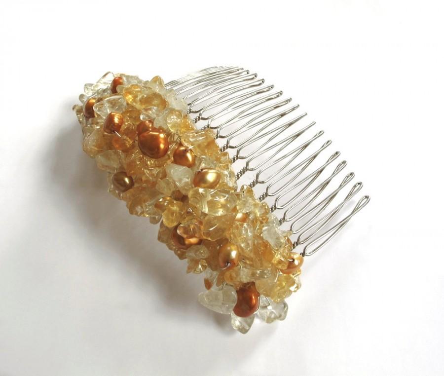 زفاف - Citrine Yellow Hair Comb Fashion Jewelry Bridal Hair Wedding Honey Amber Crochet Wire Wrapped Silver Rustic Earthy Colors