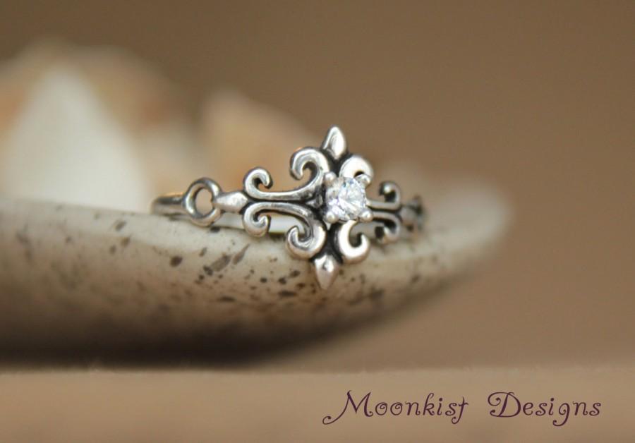 Wedding - Delicate Fleur de Lis Engagement Ring with Forever Brilliant Moissanite in Sterling - Unique Elegant Tribal Promise Ring, Commitment Ring