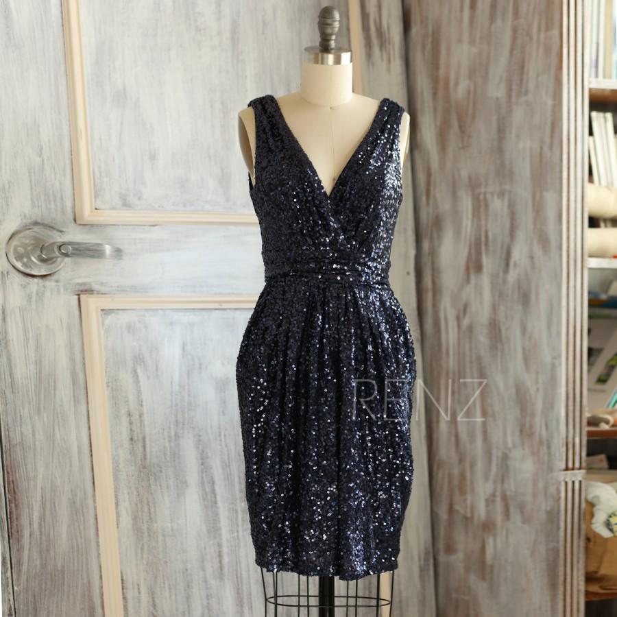 Mariage - 2015 Short Navy Blue Bridesmaid dress, Sheath Luxury Sequin Evening dress, V neck Metallic Sparkle Wedding dress, V Back knee length(TQ150B)
