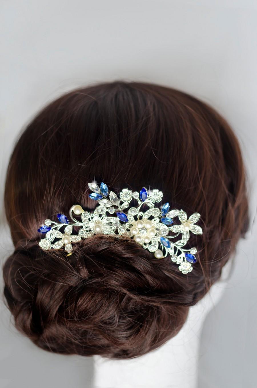 Свадьба - Something blue hair comb, sapphire blue swarovski crystal bridal hair comb, royal blue rhinestone hair comb, navy blue wedding hair comb