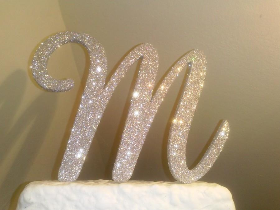 Hochzeit - Monogram cake topper 6 inch silver glitter