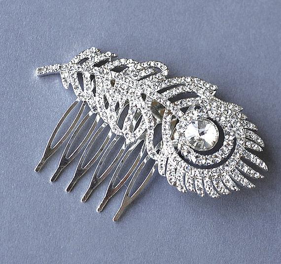 زفاف - Rhinestone Bridal Hair Comb Wedding Jewelry Crystal Peacock Feather Side Tiara CAMILLE Collection CM007LX