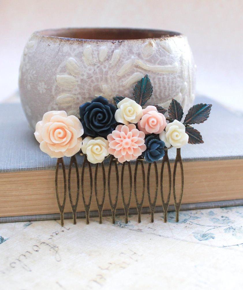 Mariage - Flower Hair Comb Navy Blue Rose Floral Collage Wedding Hair Accessories Womens gift Branch Patina Leaves Peach Rose Dahlia Chrysanthemum