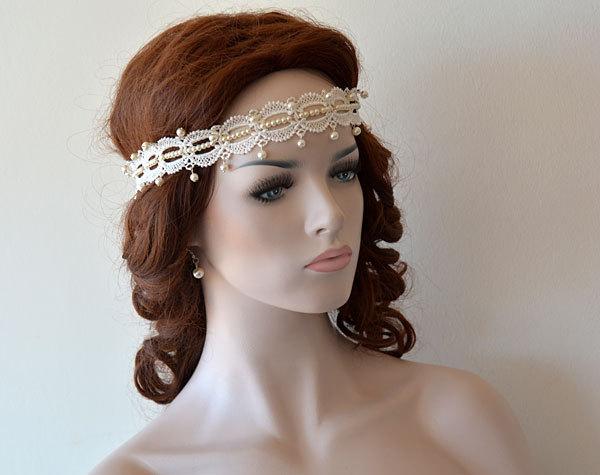 Свадьба - Wedding Pearl Headband, Bridal Headband, Lace İvory Pearl Headband,  Bridal Hair Accessory, Vintage Style, wedding Hair  accessory