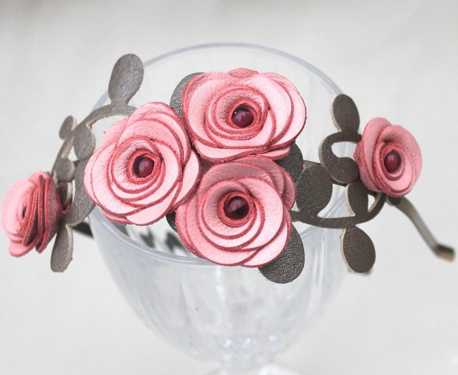 Mariage - Flower headband pink leather roses green leaves bridal hairband woodland wedding tiara prom wearable art