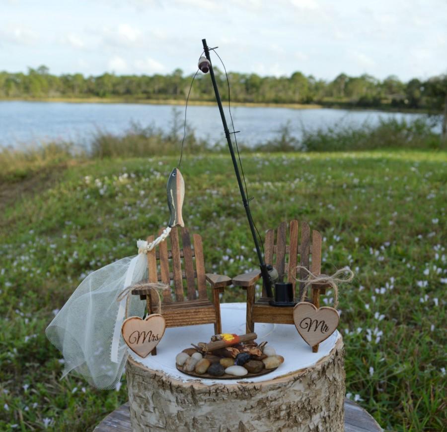 زفاف - fishing-lake house-cabin-themed-wedding-cake topper-fishing groom-bride and groom-fisherman-wood-Adirondack-fishing pole-camping-hunt chairs