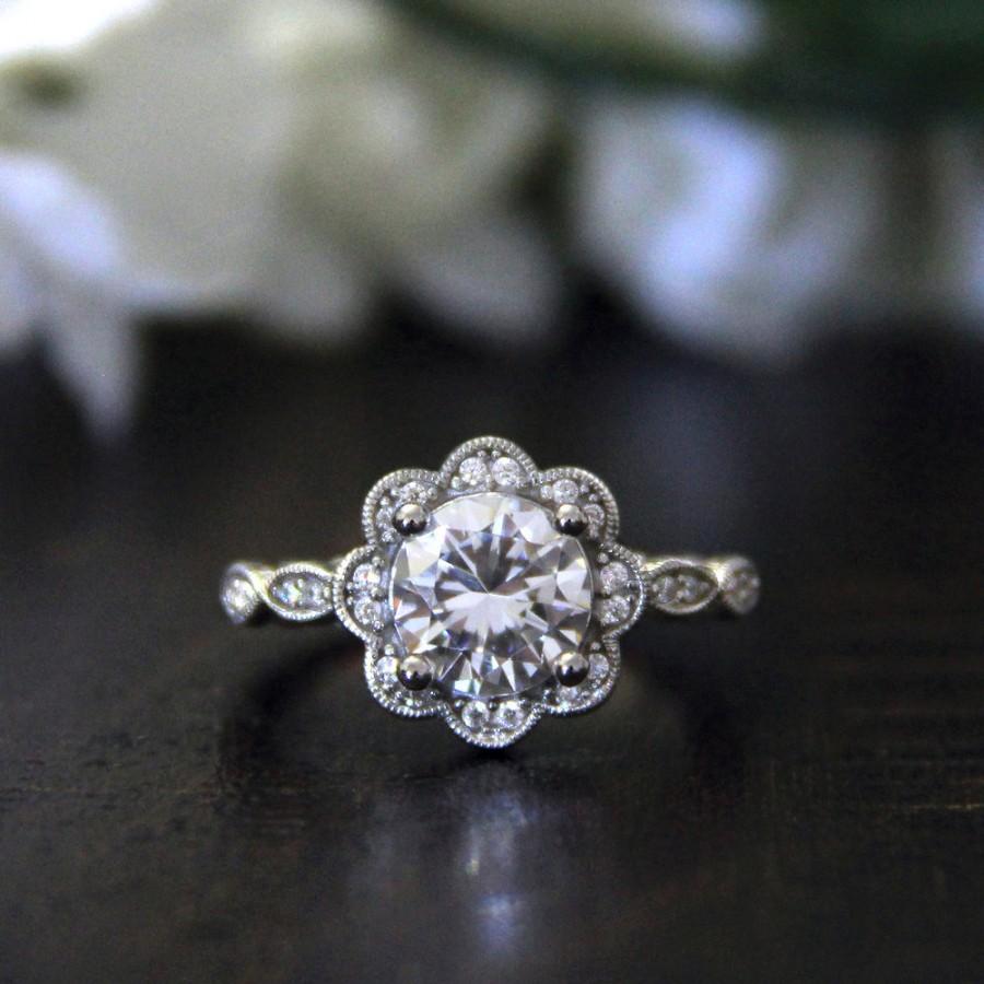 زفاف - 2.14 ct.tw Art Deco Flower Halo-Engagement Ring-Marquise Pave Set Diamond Simulants-Bridal Ring-Wedding Ring-925 Sterling Silver-R39752