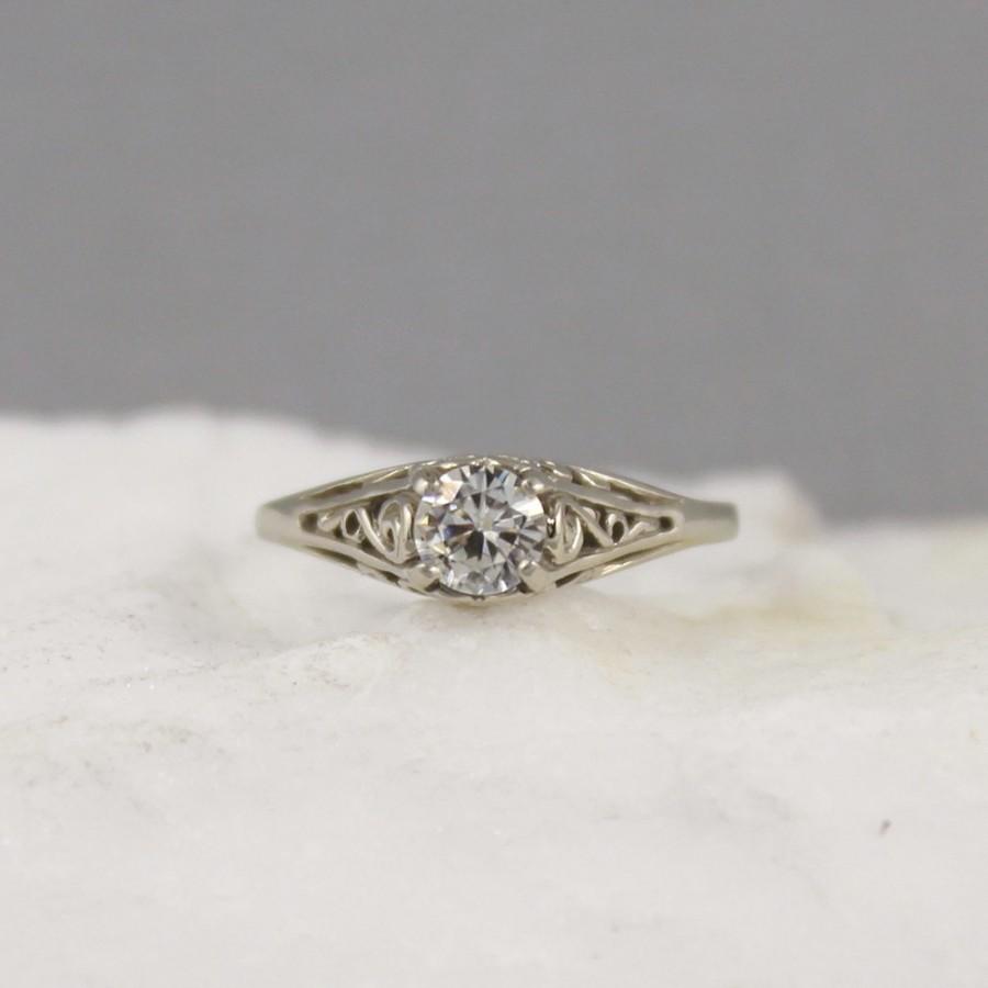Hochzeit - Moissanite Engagement Ring - 14K White Gold -  Filigree Antique Style Ring - Forever Brilliant Moissanite - Alternative Diamond Rings