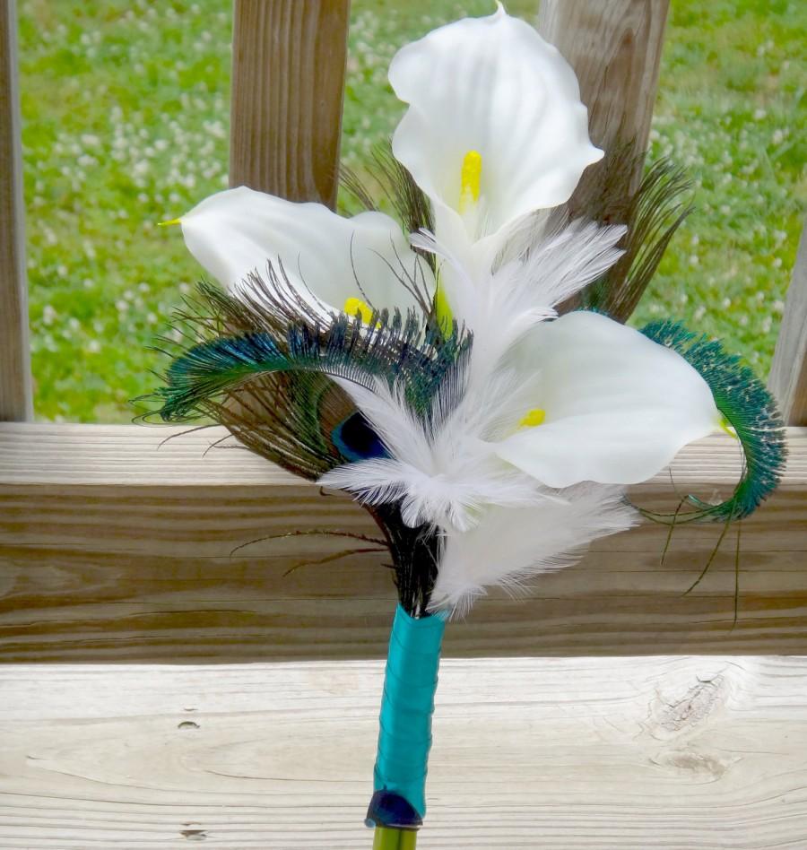 Wedding - Simple calla lily bridesmaid bouquet with white and peacock feather accent